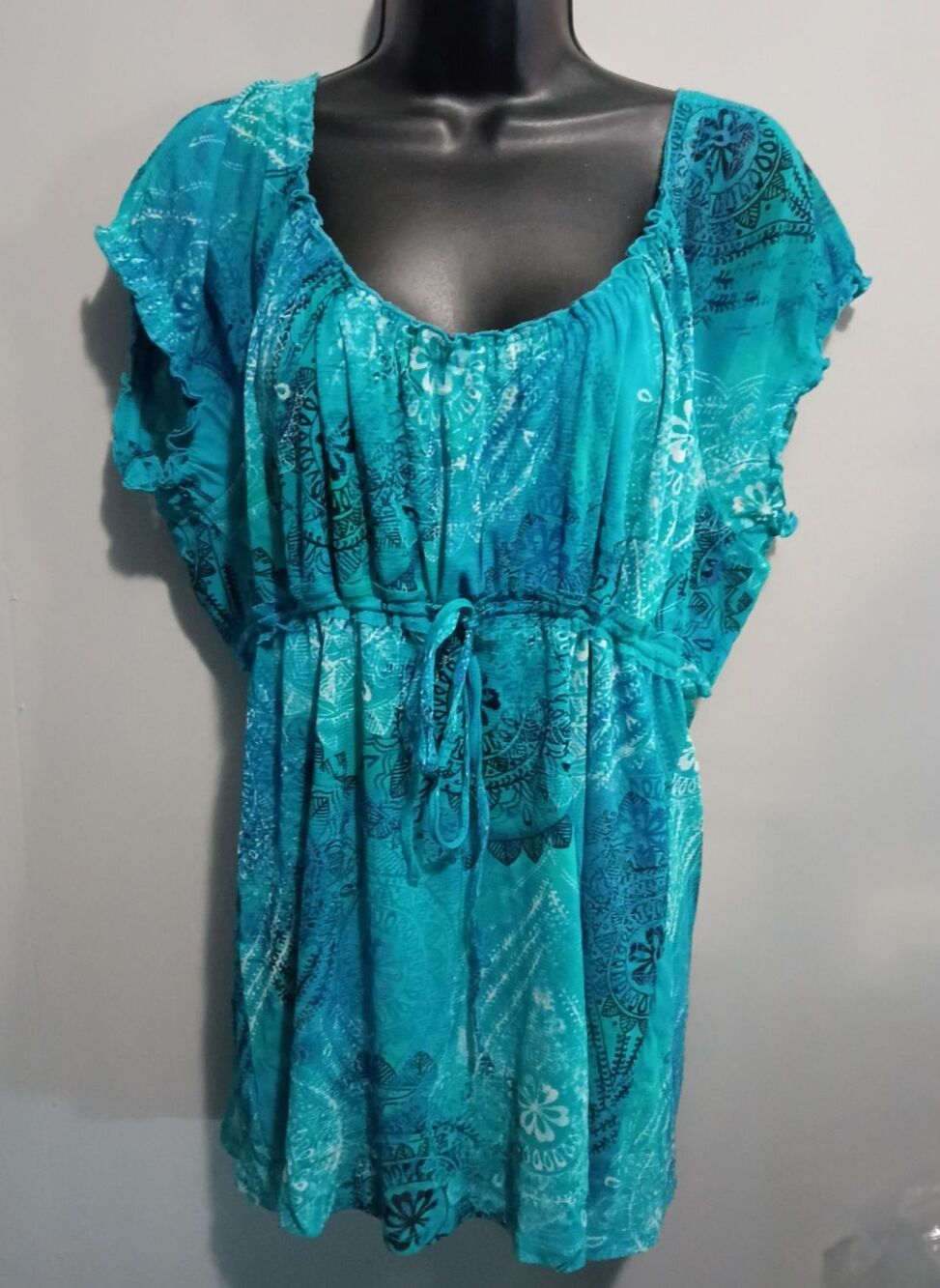 Liz Claiborne Axcess Shirt XL Scoop Neck Short Cap Sleeve Floral Blue Blouse